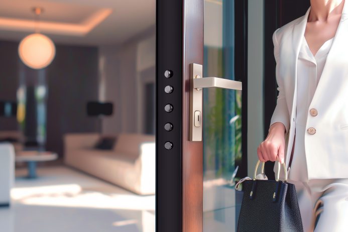 Persona che apre una porta con serratura di sicurezza in un appartamento moderno