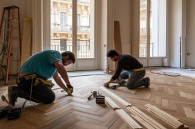 Operai posano parquet in un appartamento durante una ristrutturazione.