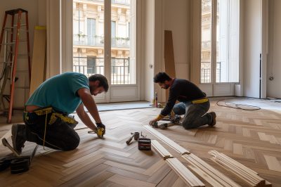 Operai posano parquet in un appartamento durante una ristrutturazione.