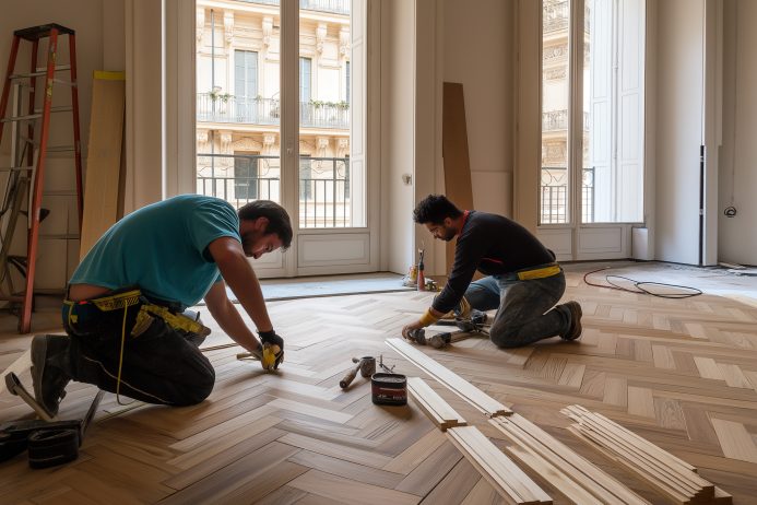 Operai posano parquet in un appartamento durante una ristrutturazione.