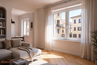 Interno di una stanza luminosa con infissi moderni e vista sulla città