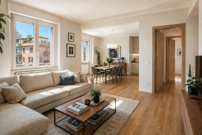 Soggiorno moderno con parquet, infissi e porte coordinate