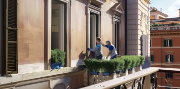 Operai installano nuove finestre su edificio a Roma.