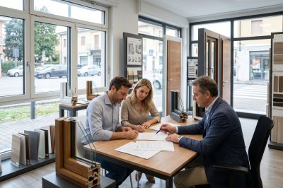 Discussione tra due persone e un consulente in uno showroom di infissi.