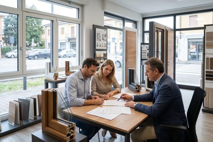 Discussione tra due persone e un consulente in uno showroom di infissi.