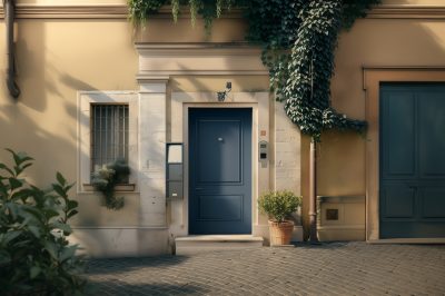 Facciata di un'abitazione con porta blindata e grata alle finestre.