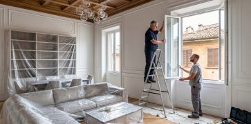 Due operai intenti a installare nuovi infissi in un salotto elegante, arredamento coperto da teli.