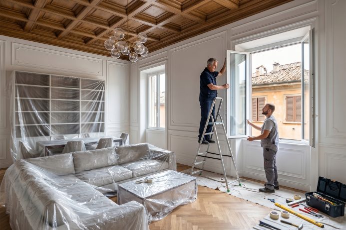 Due operai intenti a installare nuovi infissi in un salotto elegante, arredamento coperto da teli.