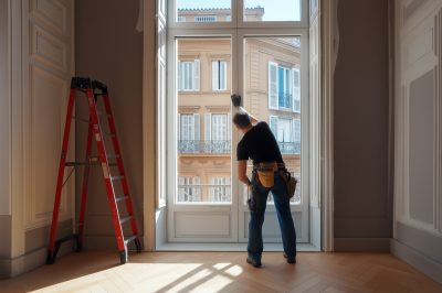 Installatore mentre posiziona una finestra in un appartamento.