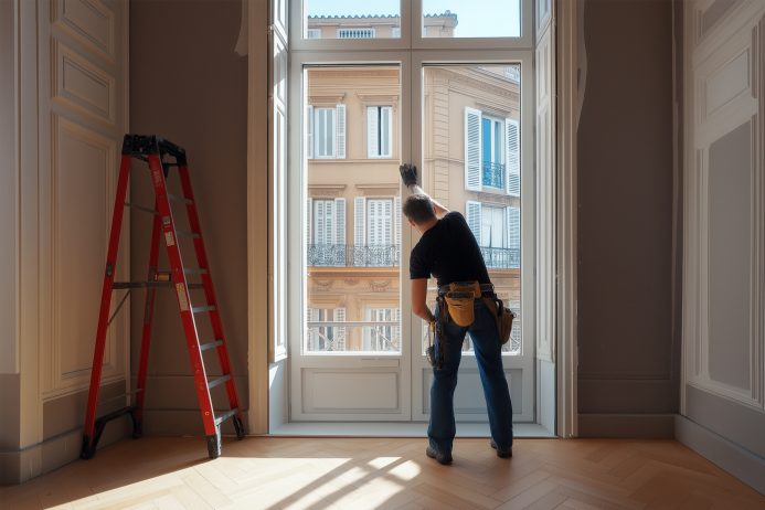 Installatore mentre posiziona una finestra in un appartamento.