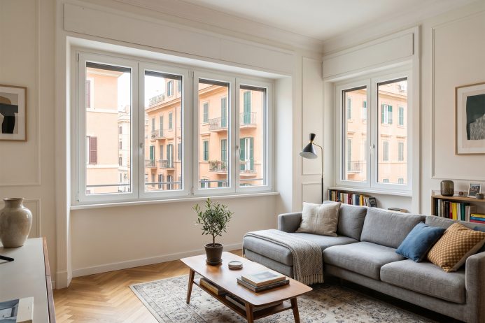 Interno di un salotto con infissi in PVC e moderni serramenti.