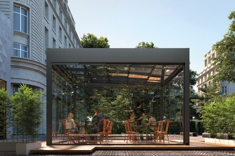 Nesos. Copertura outdoor in vetro ad alte prestazioni.  Protezioni S.r.l.