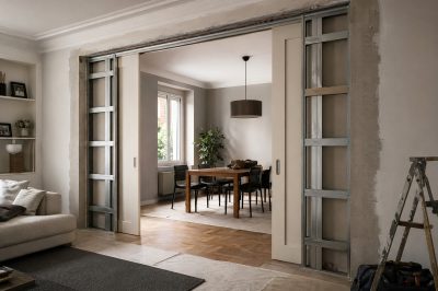 Installazione di una porta a scomparsa durante una ristrutturazione.