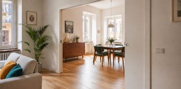 Interno casa con porta scorrevole e arredamento moderno