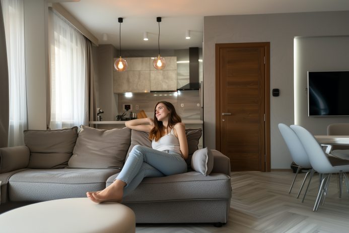 Donna seduta su un divano con una porta interna sullo sfondo