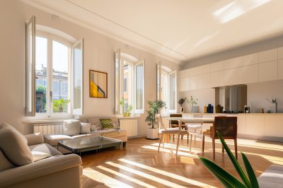 Interno di una casa luminosa con finestre e infissi moderni.