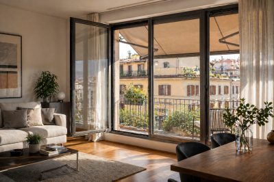 Interno di un soggiorno con ampie finestre e vista su un balcone.