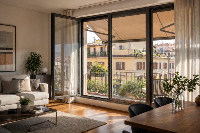 Interno di un soggiorno con ampie finestre e vista su un balcone.