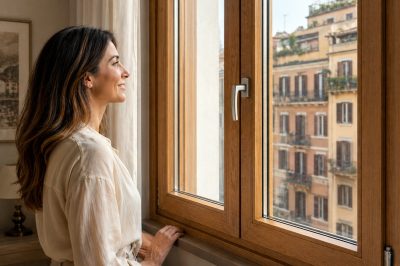 Donna che guarda fuori da una finestra in legno mostrando un edificio urbano.