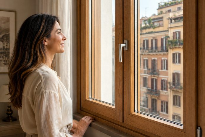 Donna che guarda fuori da una finestra in legno mostrando un edificio urbano.